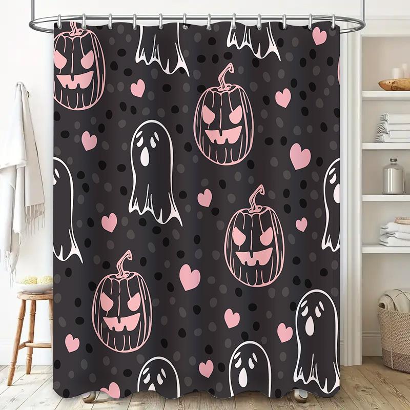 Halloween-themed Ghosts Pumpkins Shower Curtain for Bathtub Decoration Black with Pink Accents Decorative Bath Mat Set (180x240c
