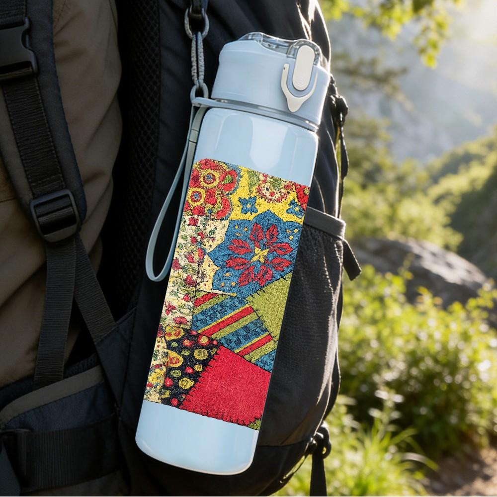 1PC Crazy Colorful Patchwork Quilt Print 750ml Color Plastic Sports Water Bottle Leakproof Flip Straw Lid Suitable for Sports Office Home Use