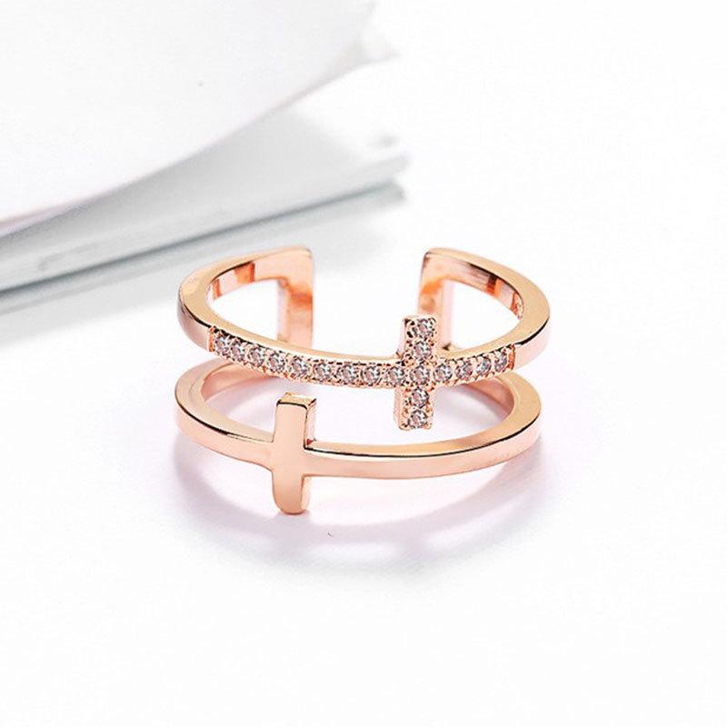 New Seiko Cross Double Layer Ring for Women's Niche Design Ins Cool Style Fashion Versatile Non Fading Open Ring