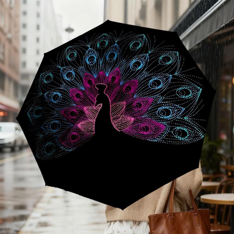 1pc Peacock Feather Automatic Folding Umbrella 8 Rib Iron Frame,  Suitable for Travel, Daily Use, Birthday, Women & Men Gift