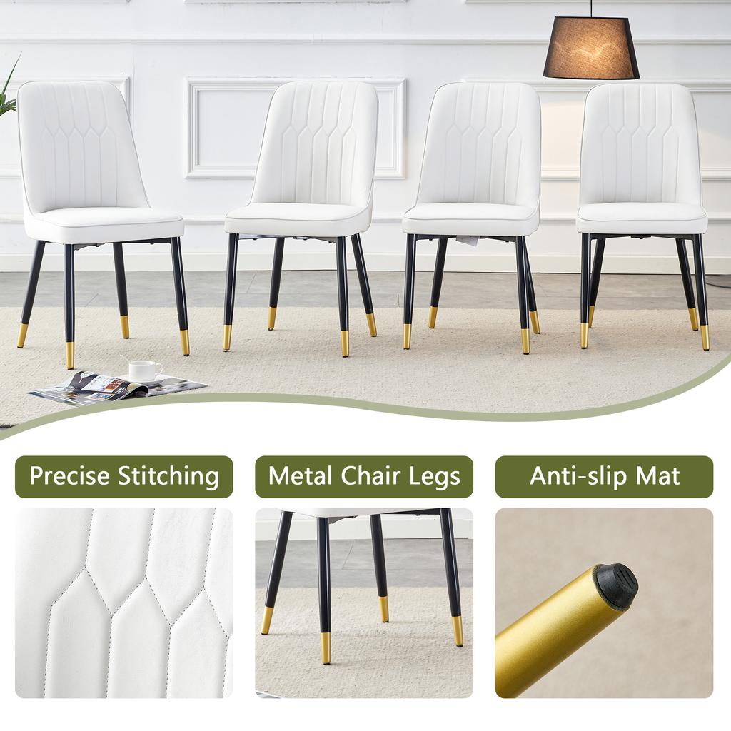 Juego de 2 sillas de comedor modernas blancas con tapicería de respaldo de cuero PU y patas de metal negro, adecuadas para comedor, cocina y dormitorio.