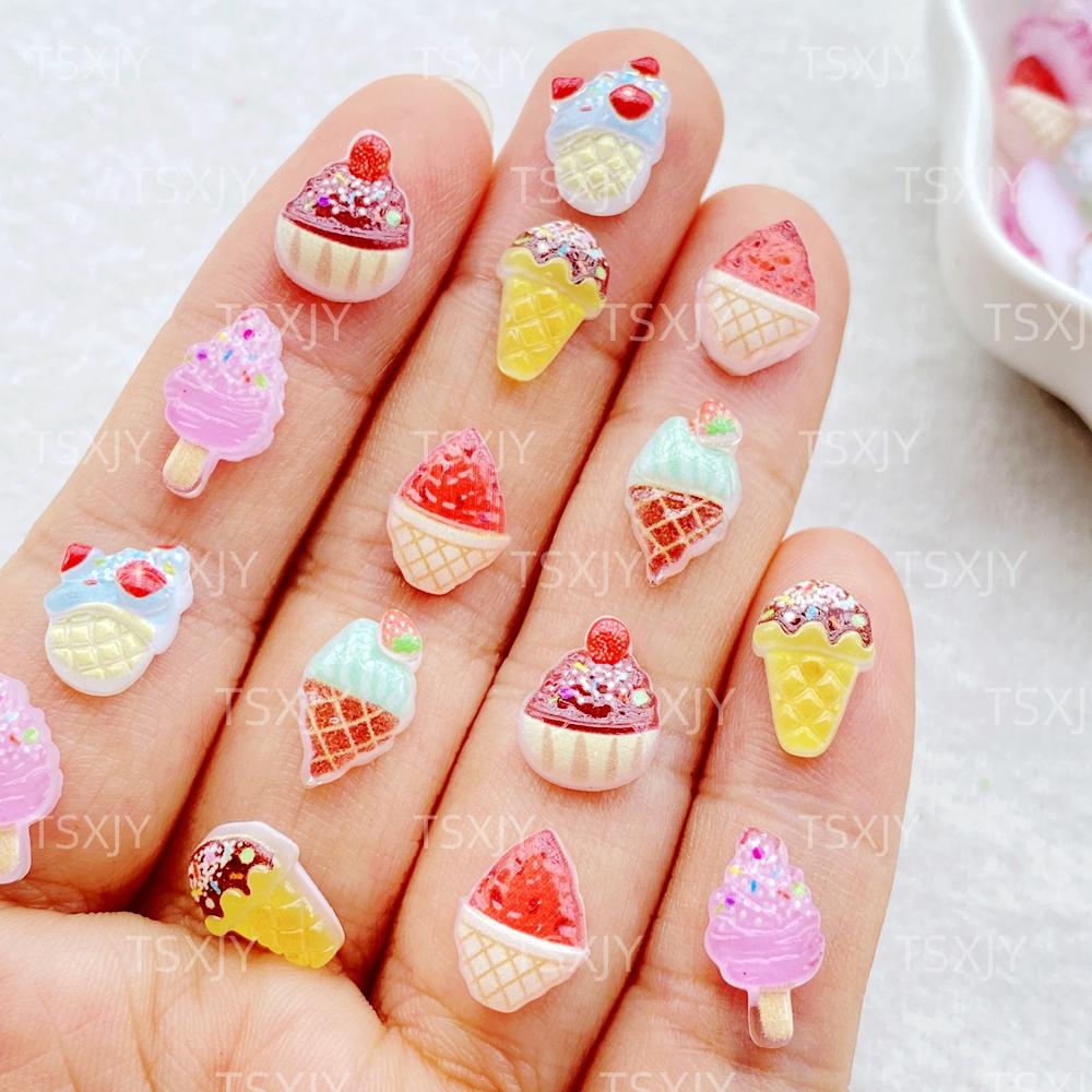 50Pcs New Mixed Nail Art Cute Cartoon Mini Colored Ice Cream Charms Rhinestones DIY Craft For Nail 3D Decorations