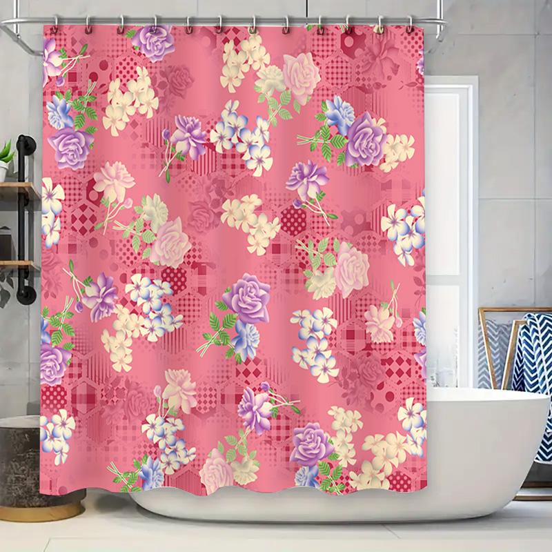 Pink Bath Shower Curtain with Floral Print Modern Home Decor for Bathroom Accessories Decoration Set 72 x 84 inches, Pink Purple