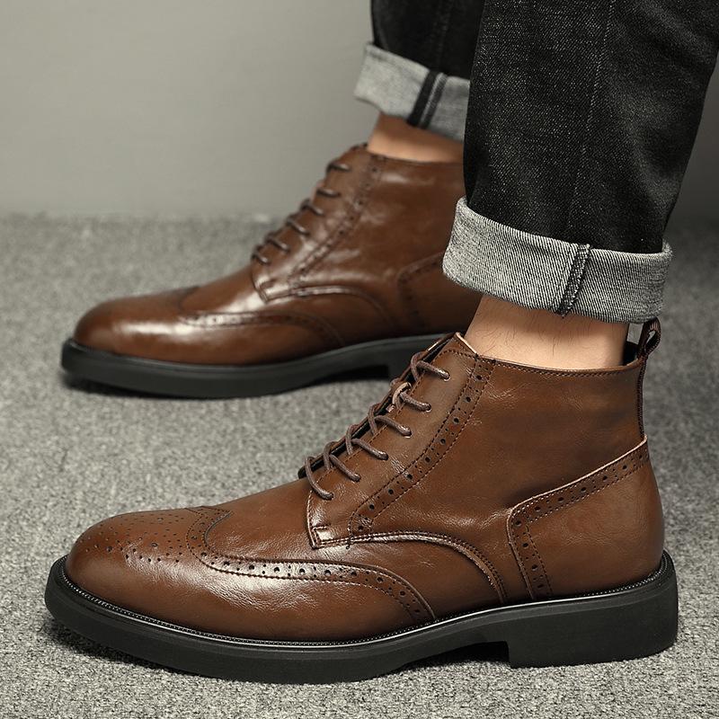 Martin Boots Men's British Style Retro Short Boots Business Dress Brock High-top Leather Shoes Winter Heightening Tooling Leather Boots