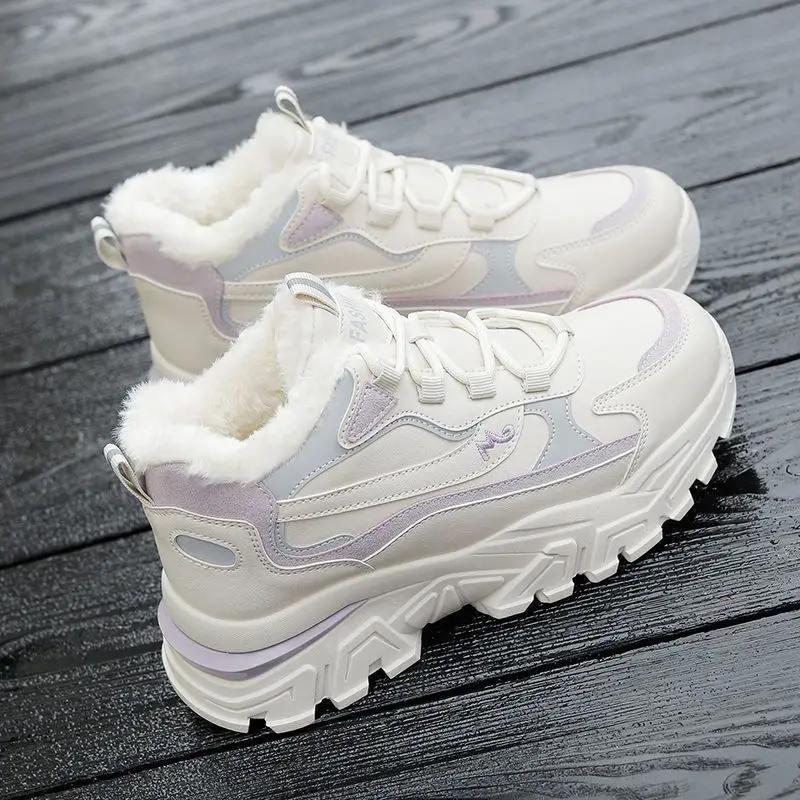 Ladies Lace Up Casual Sneakers Running Shoes for Woman Warm Snow Boots Thick Bottom Winter Women Platform Cotton Shoe