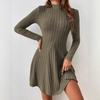 2025 Autumn/Winter Women's Slimming Ribbed Dress with Half-high Collar and Waist-cinching A-line Skirt, Long-sleeved European and American Style.