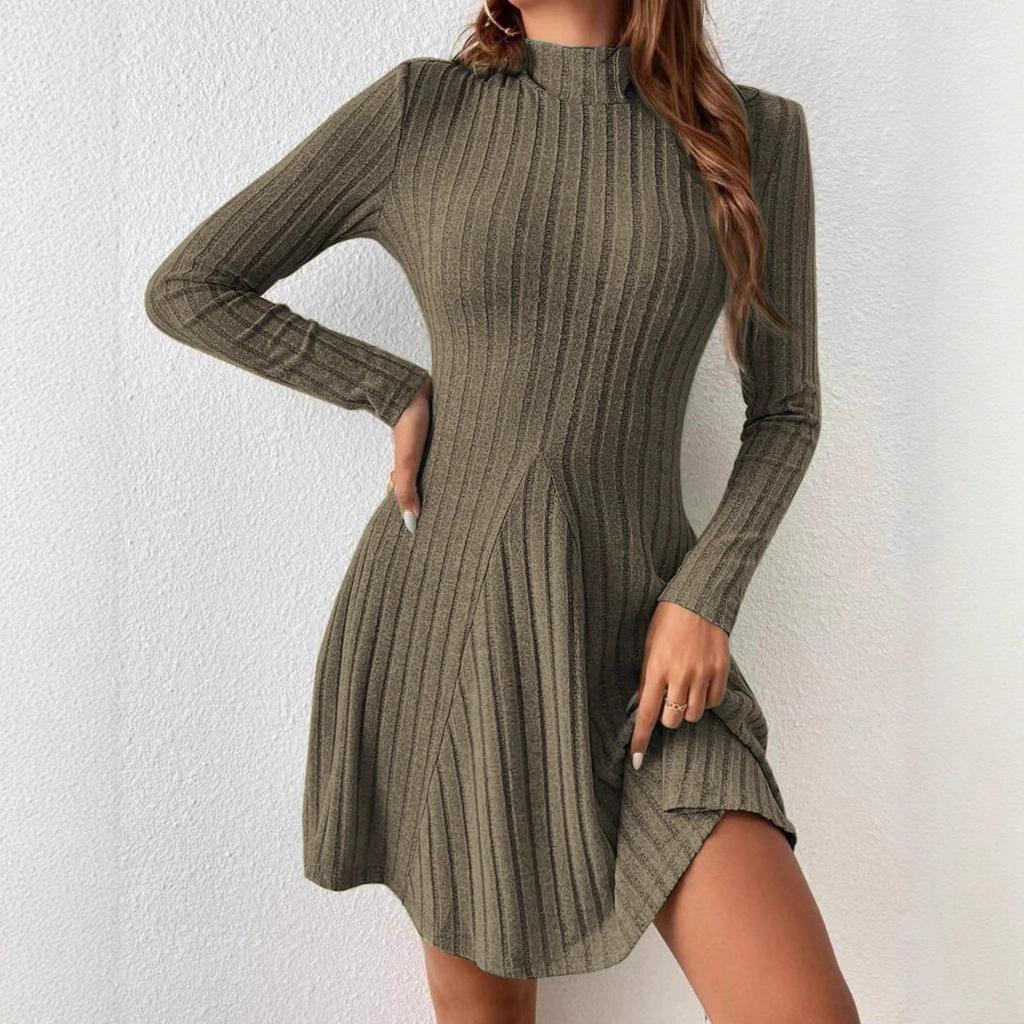 2025 Autumn/Winter Women's Slimming Ribbed Dress with Half-high Collar and Waist-cinching A-line Skirt, Long-sleeved European and American Style.