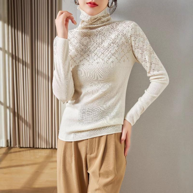Niche Design Pressure-drilled Silk Wool Sweater Autumn Turtleneck Slim-fitting and Thin Bottomed Knitted Sweater Women's Top