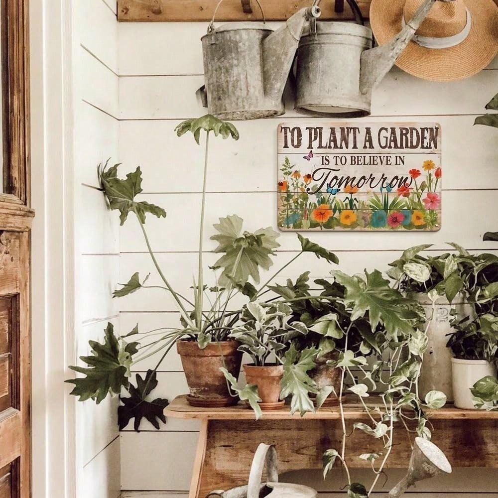 Vintage Metal Tin Sign Wall Decor, Rustic Garden Plaque for Living Room Spring Gardening Gift