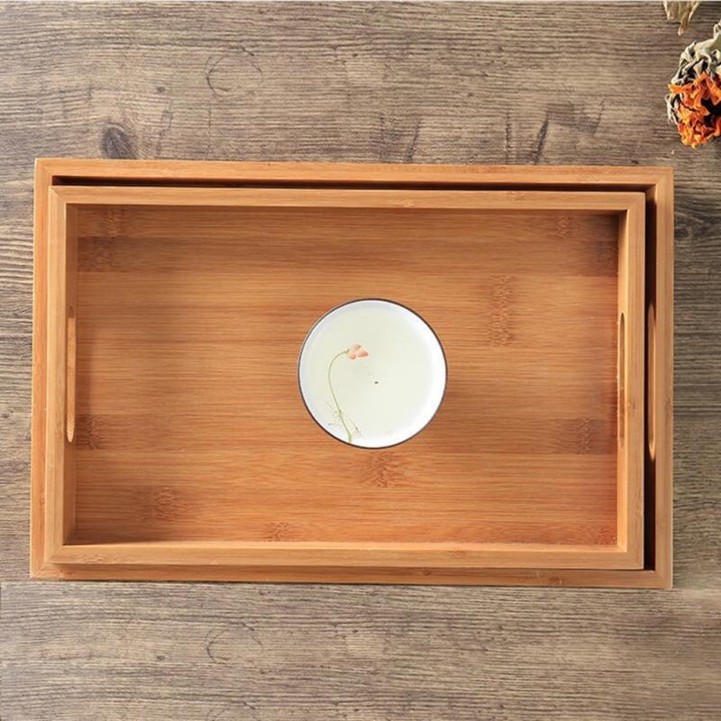 Bamboo Wooden Rectangular Tea Tray Solid Wood Tray Tea Cup Trays Stand Tray With Handle Wooden Hotel Dinner Plate Storage Tray