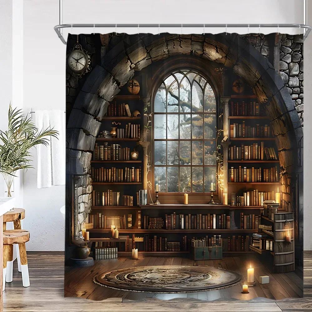 Vintage Library Shower Curtain Medieval Study Antique Castle Bath Decoration Study Theme Polyester Shower Curtain