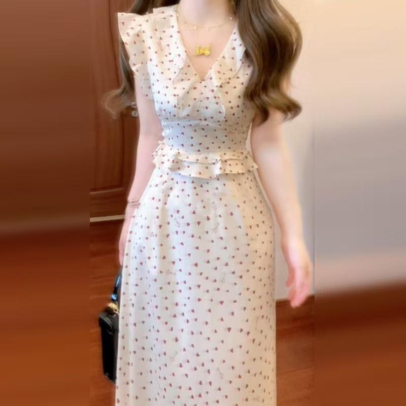 Women's V Neck Sleeveless Midi Dress High Waist Casual Summer Printed Maxi Dress