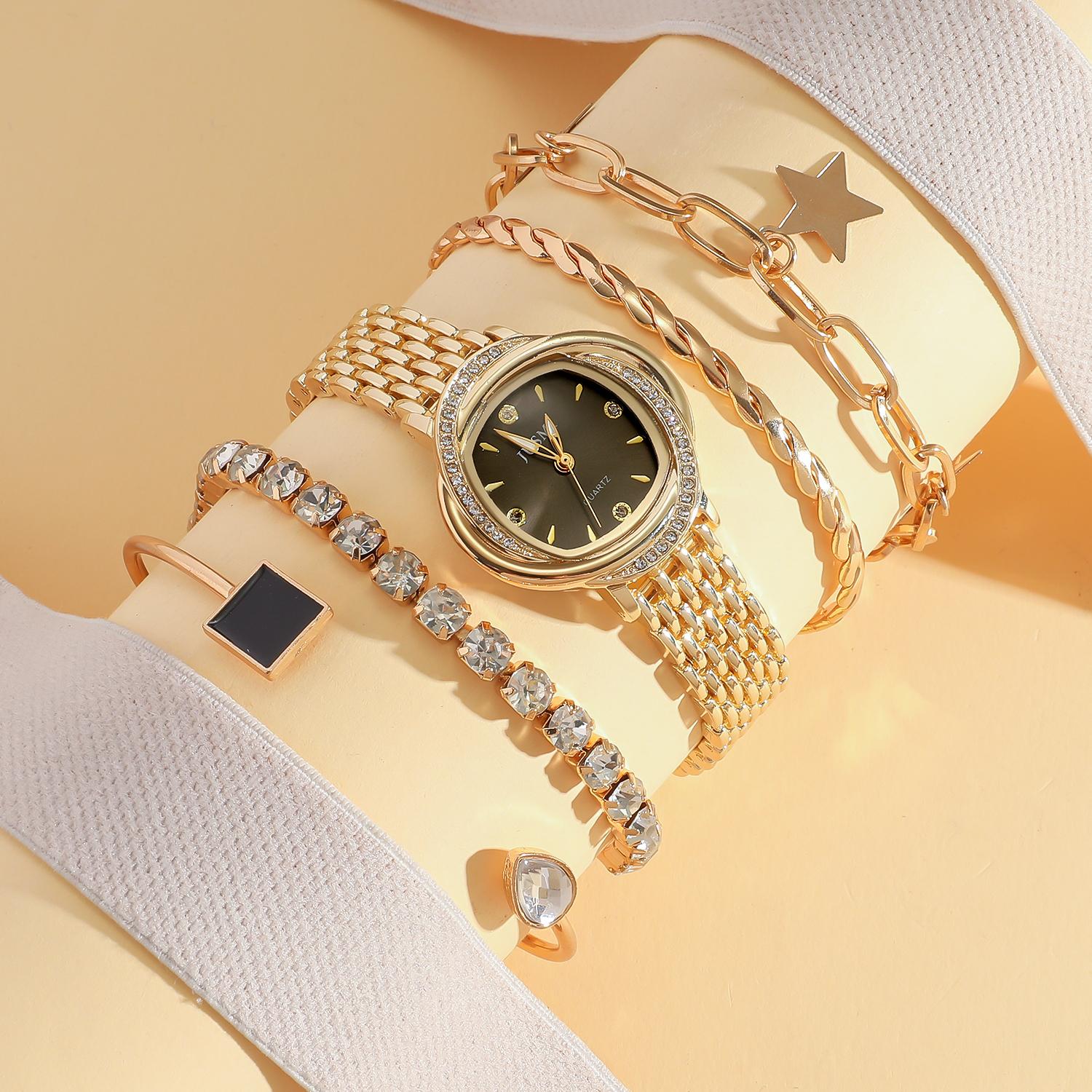 

Набор из пяти предметов: женские кварцевые часы с браслетом в виде звезд, без подарочной коробки, круглый циферблат с бриллиантовой инкрустацией, ощущение высокого класса золотой