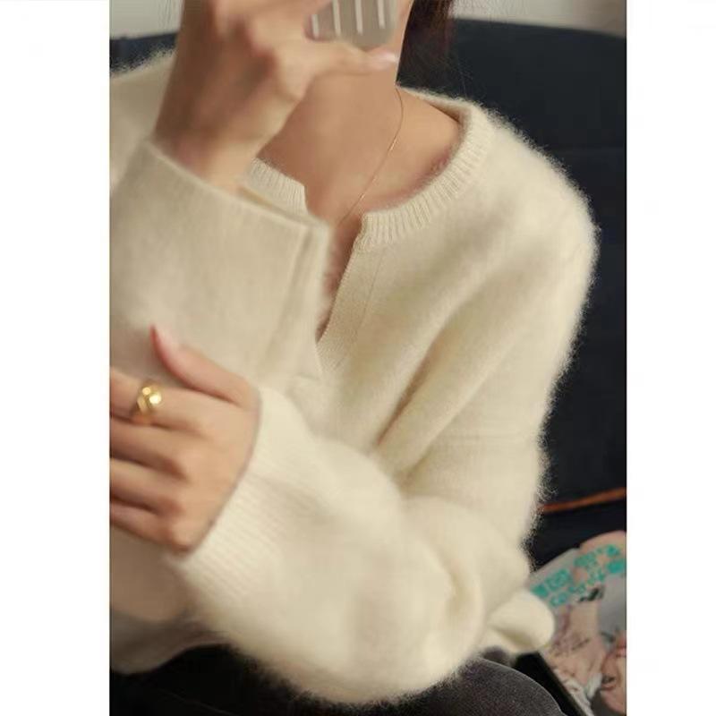 Gentle semi-open neck sweater women's autumn new lazy loose soft waxy knitted sweater with top