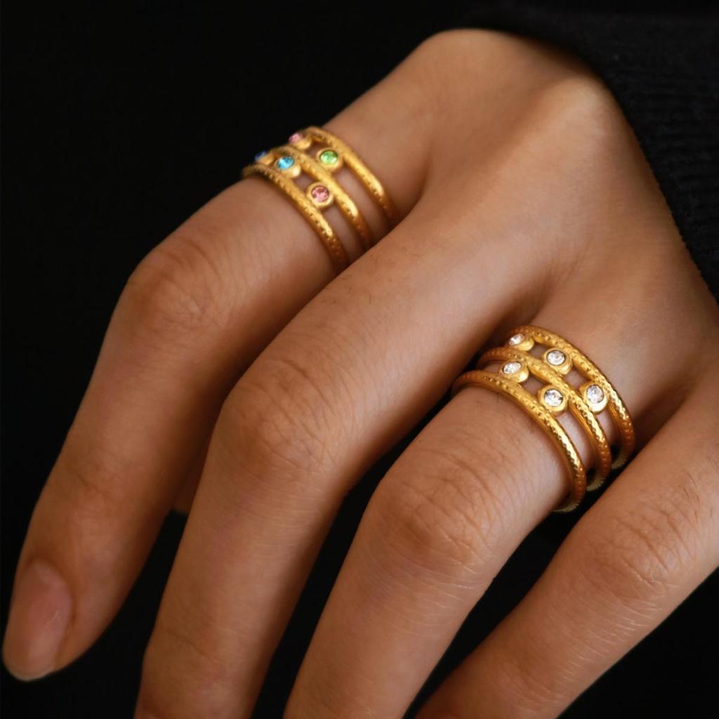 18K Gold Plated Open Women's Gemstone Ring - Non-fading, Stainless Steel, Versatile Jewelry