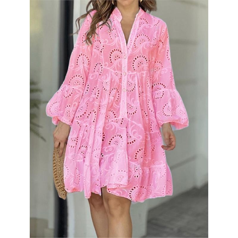Abito con orlo a volant cavo, Elegante abito solido con scollo a V e maniche svasate, Abbigliamento da donna