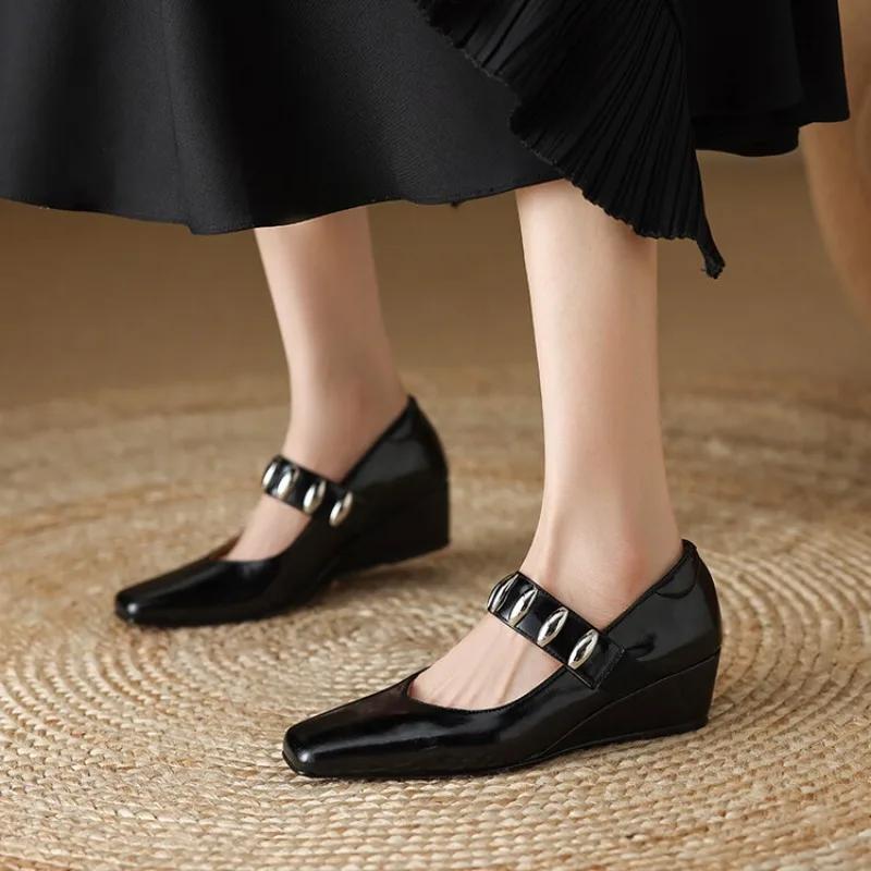 Fashion Cowhide Black Silver Metal Decorative Wedge Heel High-heeled Shoes Spring Autumn Fashion Commute Ballet Soft Flat Single Shoes