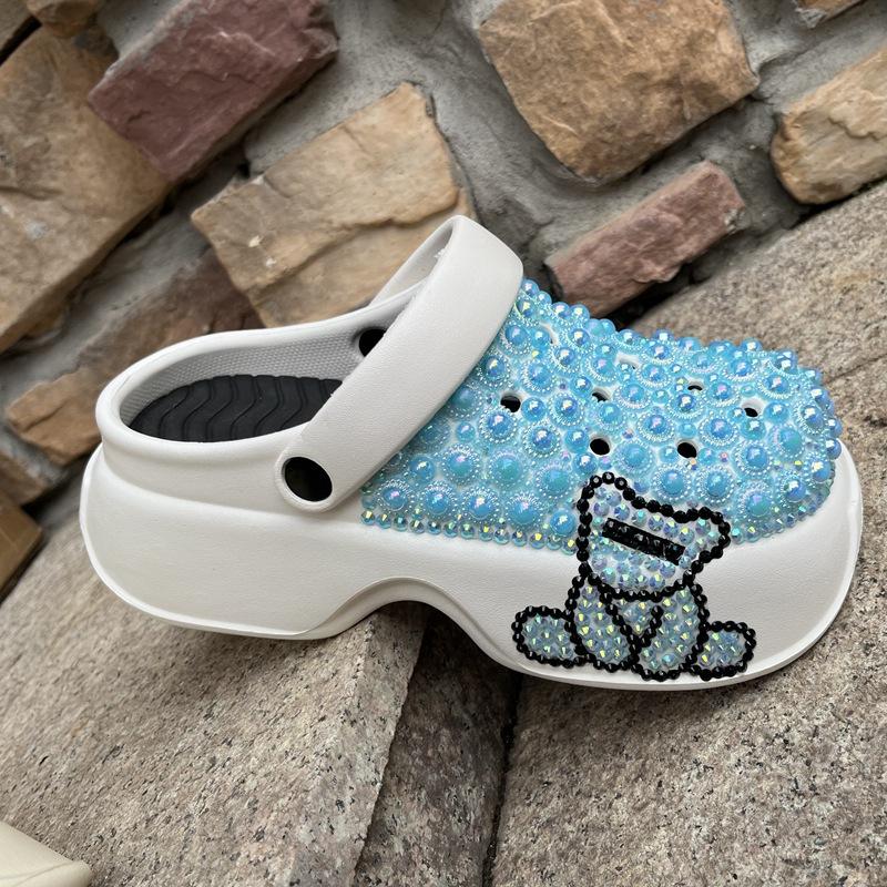 Fashion Summer Bear Decoration Thick Bottom Handmade Inlaid Pearl Sandals  New Pink and Blue Sweet Girl Beach Hollow  Out Slippers 40-41
