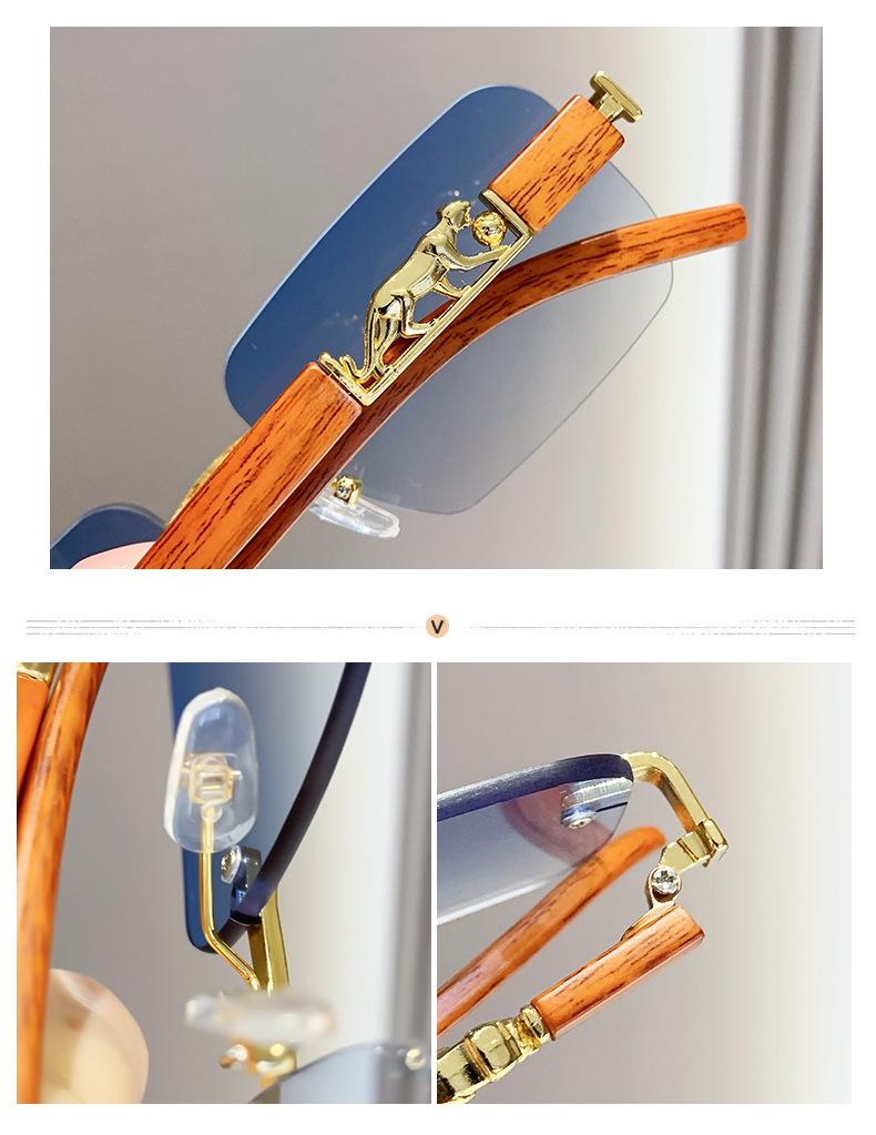 European Frameless Edge Cut Wood Grain Leopard Head Sunglasses: Unisex, Square Frame, Trendy for Driving