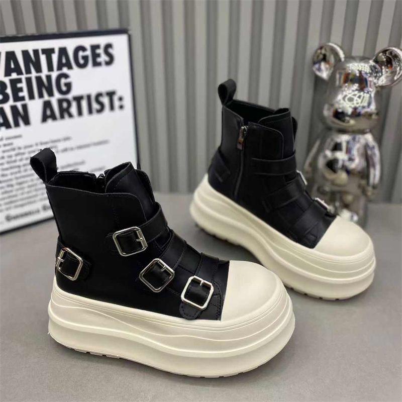 European-Style Genuine Leather Height-Increasing Women's Motorcycle Boots with Thick Sole and Buckle