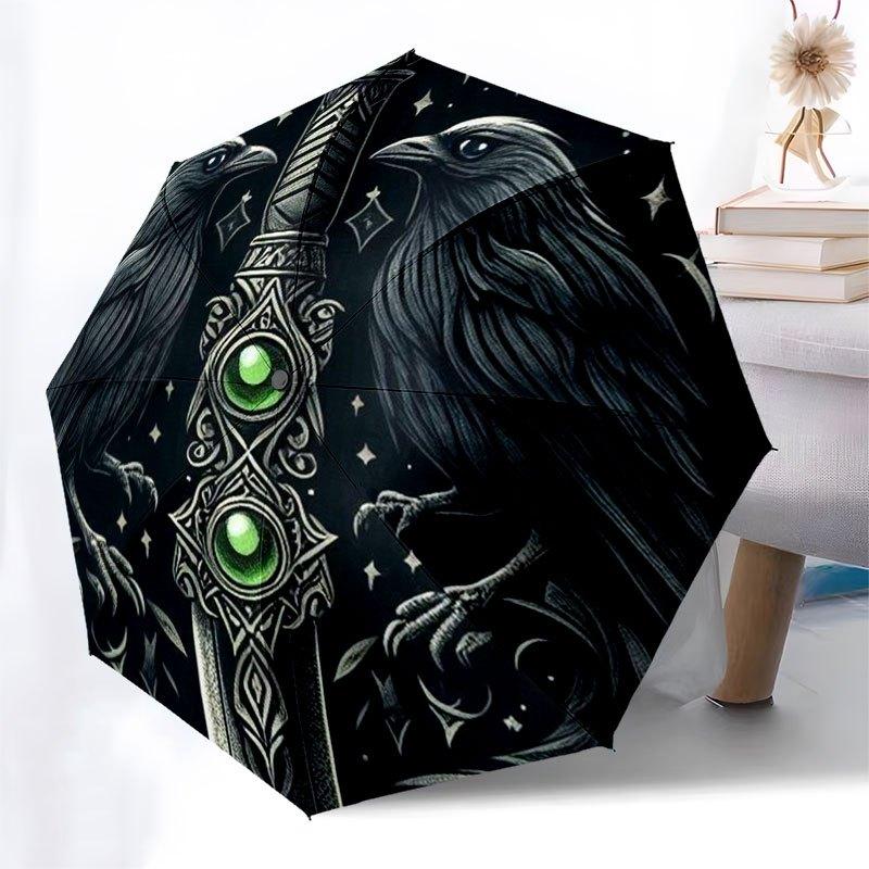 Raven&Sword Fantasy Art Print-Mystical DecorUmbrella with Cute Design,Portable 3-Fold Compact Umbrella for Men&Women,Valentine's Day Mother'