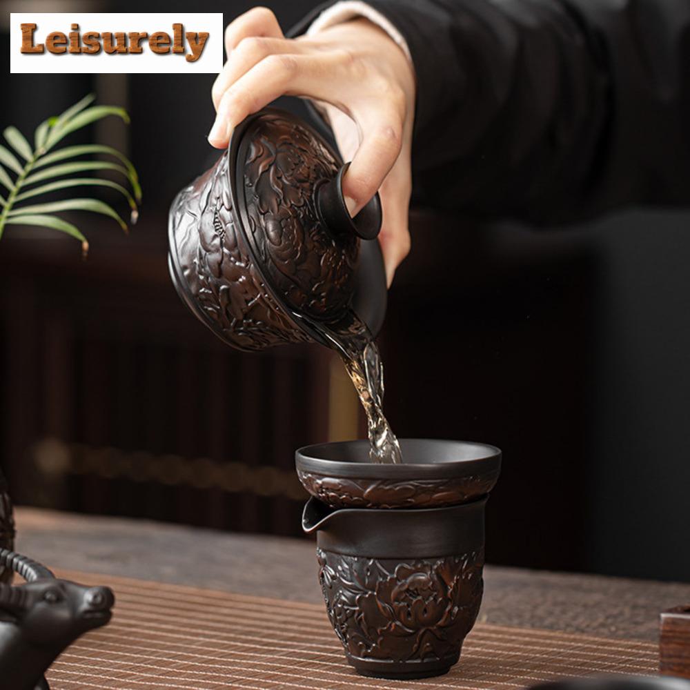 El Yapımı Qingxi Mor Seramik Gaiwan Yığma Oyma Üç Yetenek Çay Kasesi Çin Çay Demleme Kapağı Kase Çay Servisleri Hediye