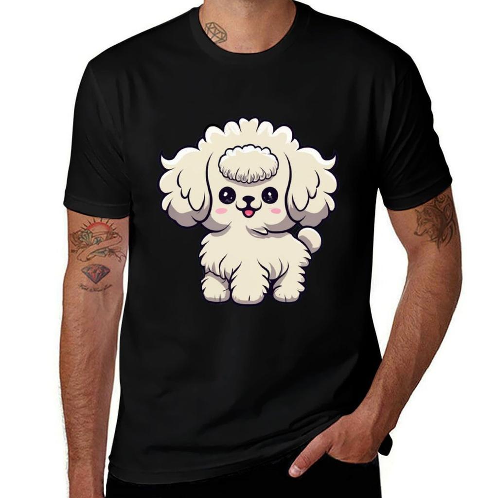 Cute Toy Poodle Kawaii Blue Background TShirt Basic Plain Short Sleeve Crew Neck Tee