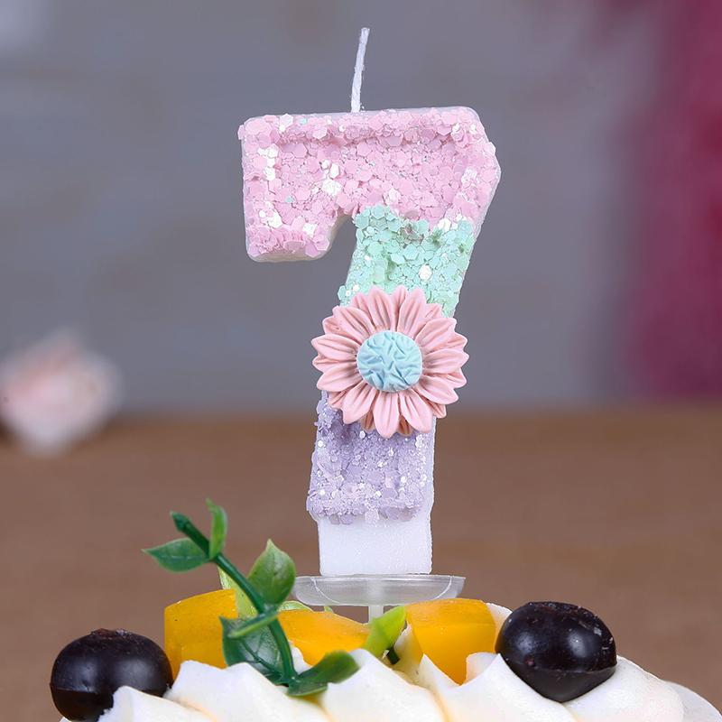 1pc Daisy Digital Birthday Candle Cute Pink Cake Topper Number 0-9 Candles Glitter Black Crown Candles Baby Show Kids Birthday