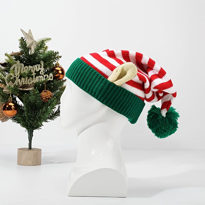 Winter Christmas Hat with Ears & Pom-Pom - Thick Warm Beanie, Red & Green Striped Holiday Party Hat with Pompom Tip