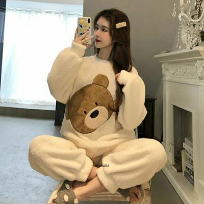 Autumn and Winter Warm Pajamas Suit Long-sleeved Women's Trousers Soft Loose Jacket Home Coral Velvet Suit