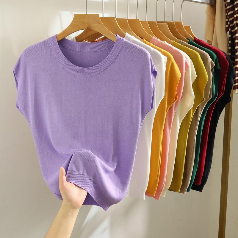 Summer Round Neck Knitted Casual Women's T-shirt Elegant Loose Ice Silk Thin Fit Solid Color Short Sleeve Tee Tops Ladies Simple Fashion T Shirt 3097