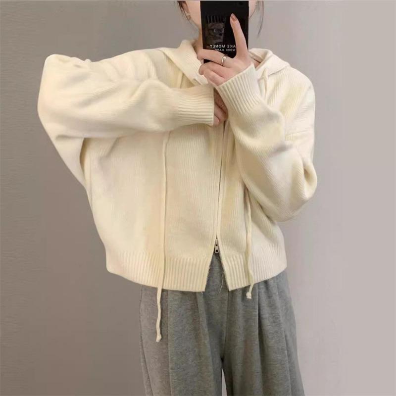 Solid color double zipper hooded knitted cardigan women's autumn and winter new loose casual simple sweater jacket