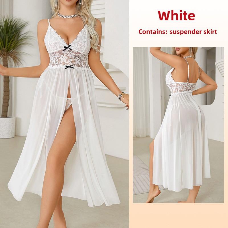 Large Size Erotic Underwear Sexy Mesh Lace Pajamas Split Suspender Skirt Long Loungewear Pajamas