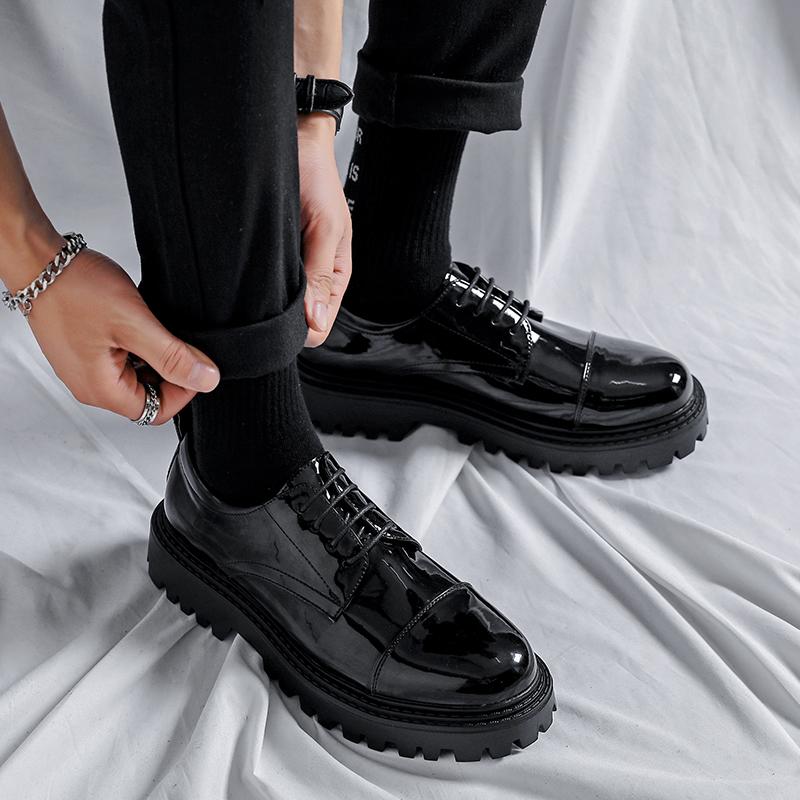 Fashion British Leather Shoes Men Office Casual High Platform Patent Leather Shoes Male Harajuku Korean Streetwear Vintage Wedding Shoes