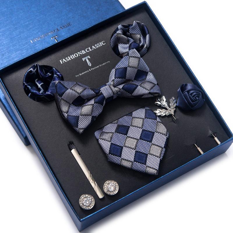 Men's 8-Piece Formal Accessory Set: Bow Tie, Corsage, Brooch, Cufflinks for Weddings.