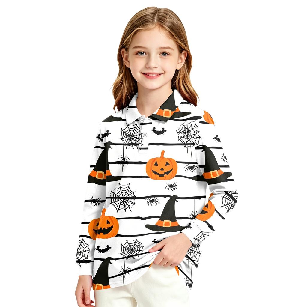 Girls School Uniform Long Sleeve Top with Halloween Print