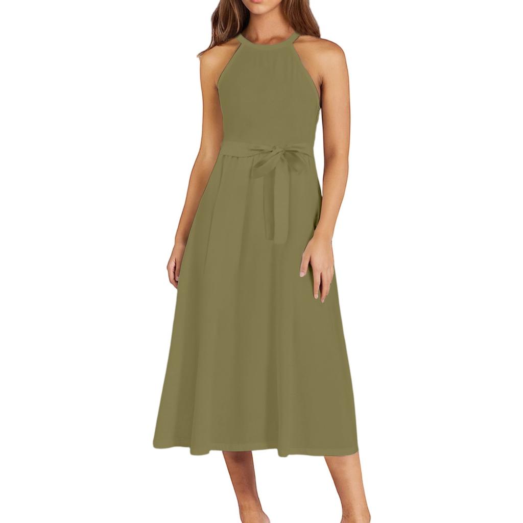 Women's Casual  Round Neck Midi Dress Basic Classic Outdoor Everyday Sleeveless Loose Boho Tie Dress  Summer Beach Sundress