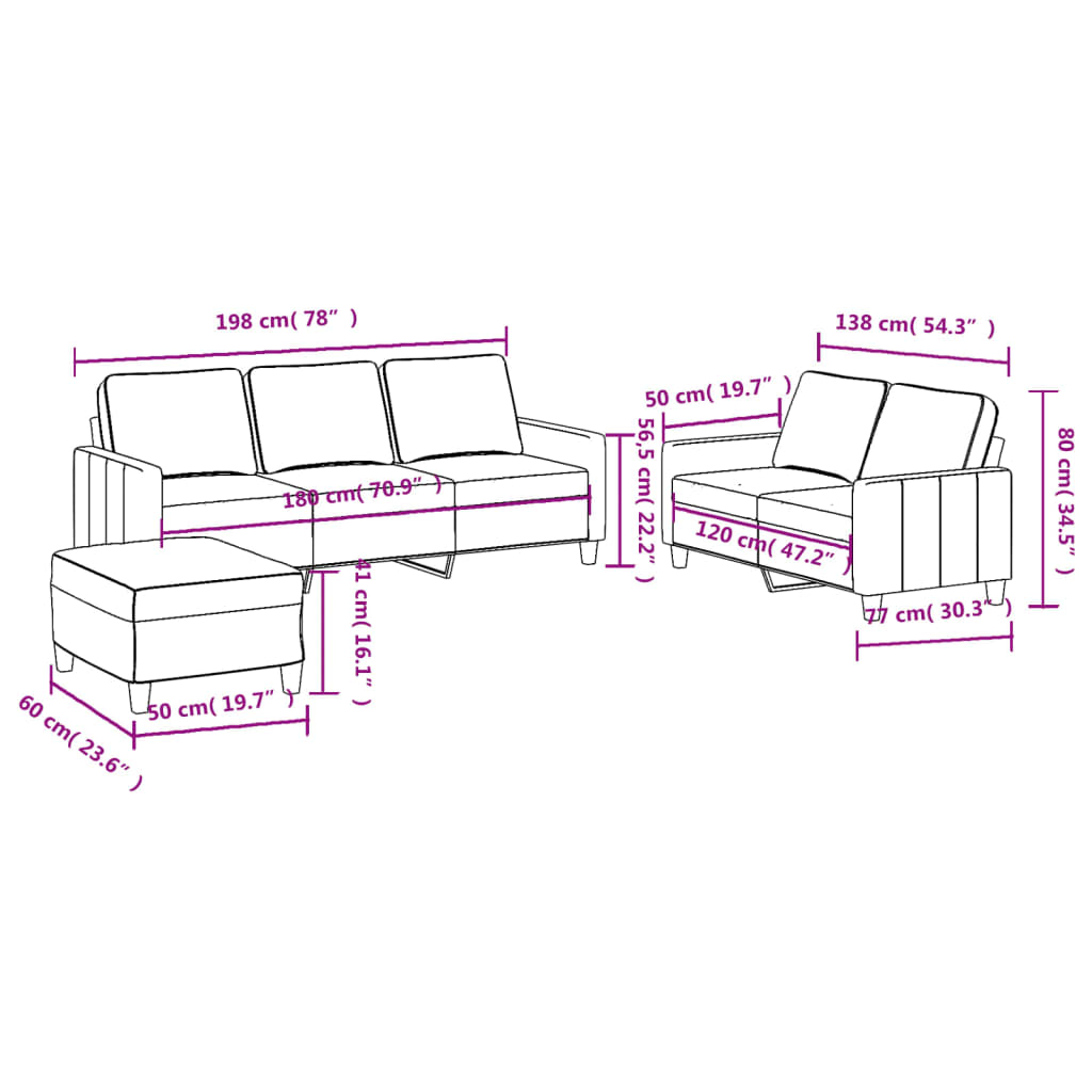Vidaxl 3-Piece Lounge Set, Fabric Upholstered, Dark Grey