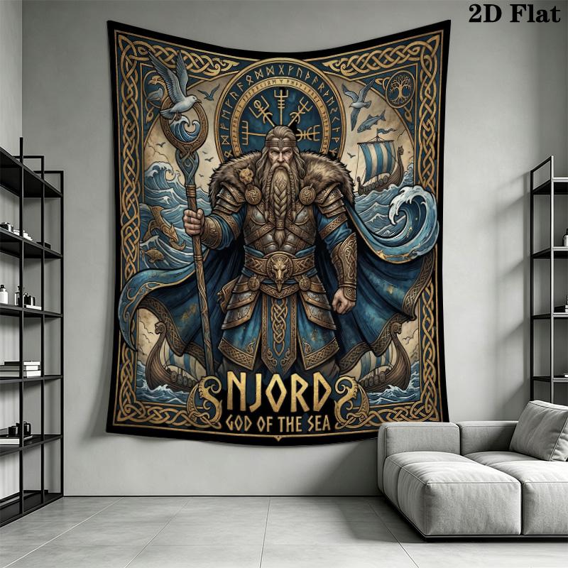 Odin Norse Mythology Tapestry, Viking God with Wolves and Ravens Wall Hanging, Valknut Symbol Wall Tapestry for Bedroom Living Room Decor