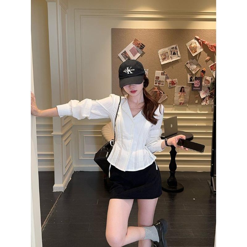 High-end Heavy-duty Pleated White Long-sleeved Shirt for Women in Autumn Waist Slimming Niche Versatile Tops