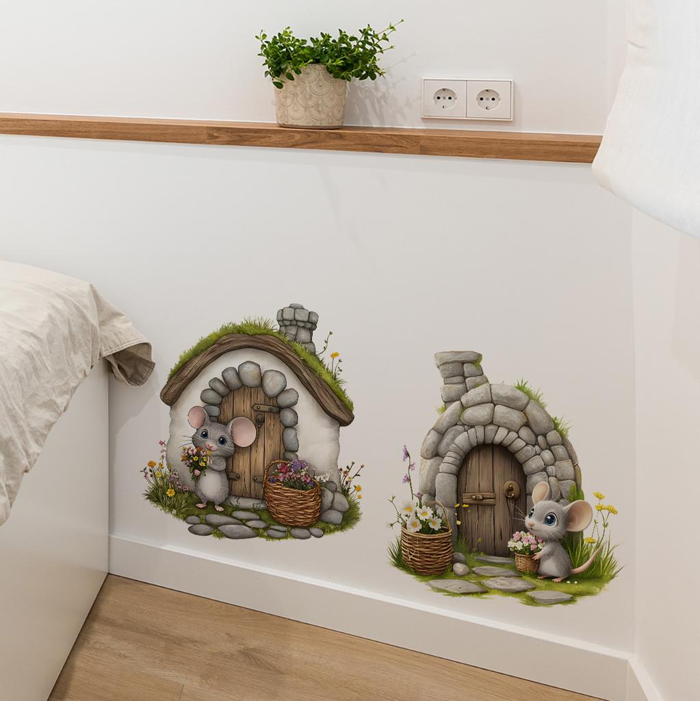 Hand-Painted Flowers & Mouse Hole Wall Stickers, Artistic Decals for Bedroom Living Room Entryway Decor, Self-Adhesive
