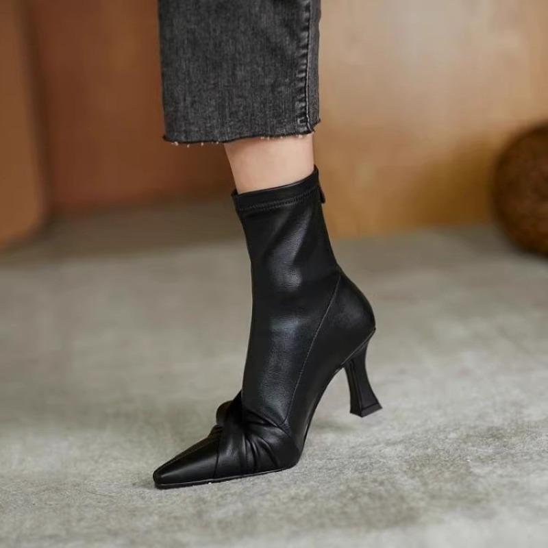 Fashion Temperament High Heel Boots Autumn New Pointed Toe Pleated Anti-Slip Wear-Resistant Rear Zip Booties