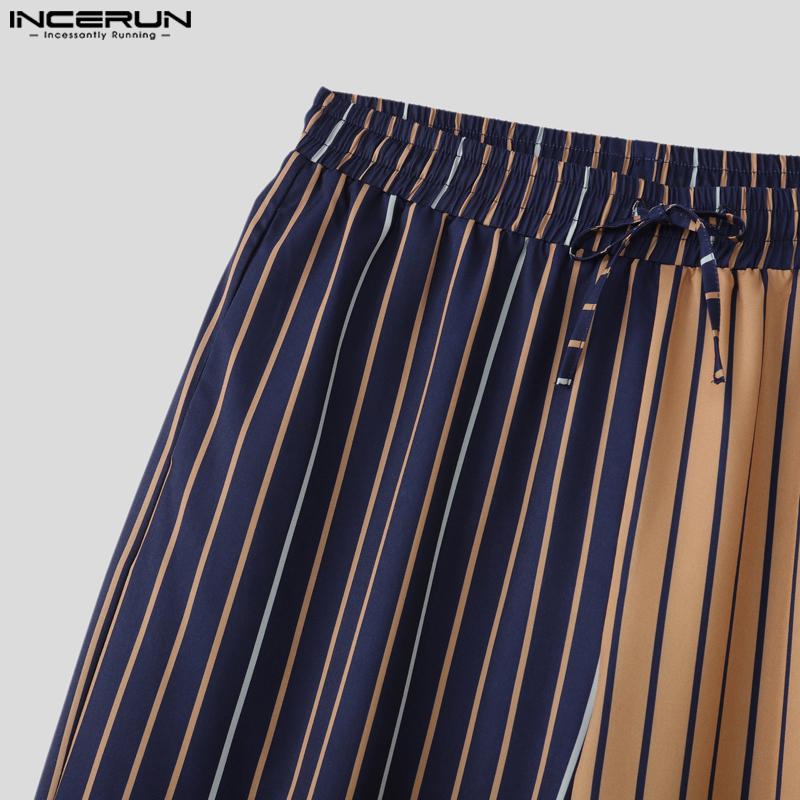 INCERUN Men Casual Elastic Waist Stitching Striped Long Trousers Pants