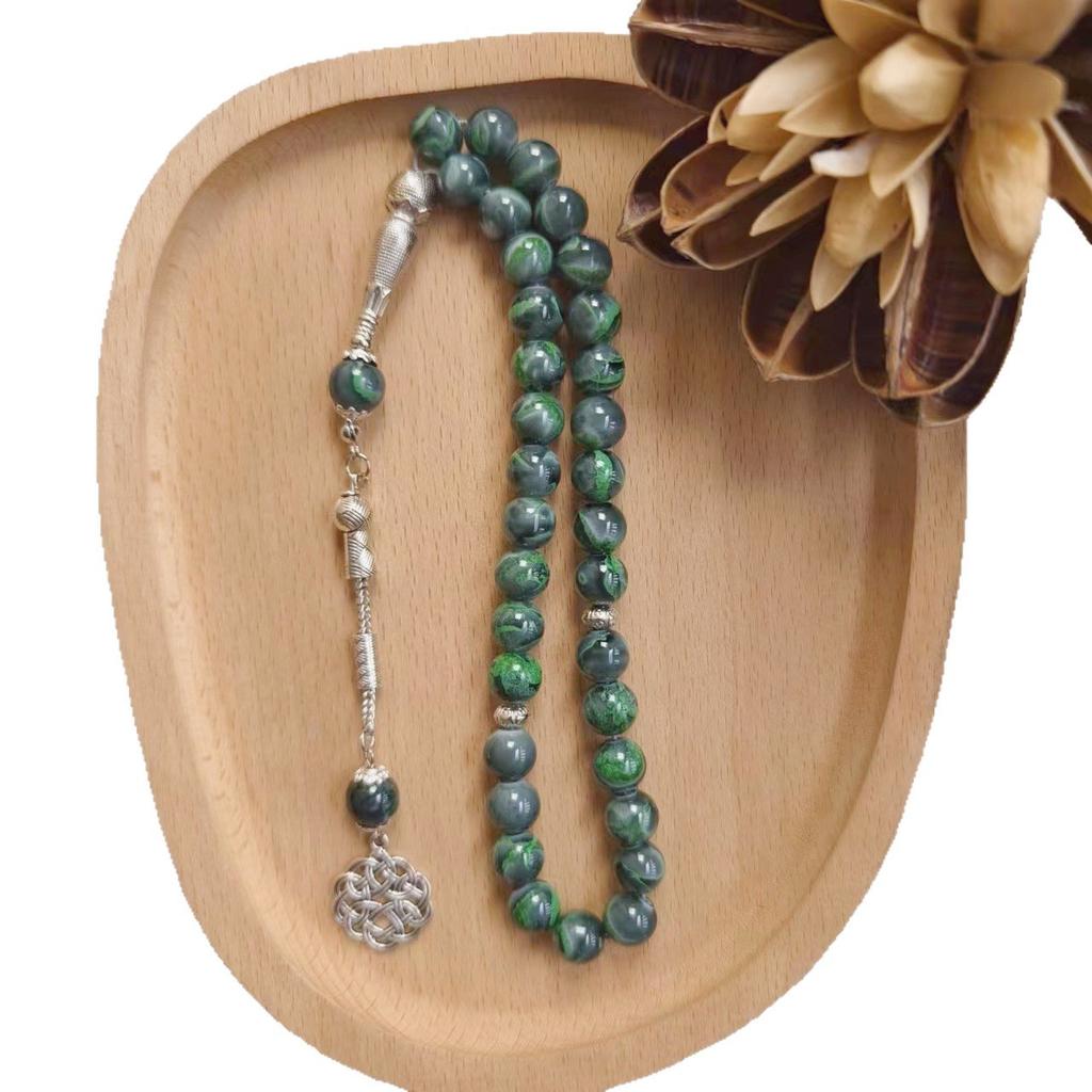 Green Veined Stone Islamic Prayer Beads Tesbih, Silver Celtic Knot Arabic Muslim Worship Rosary, Middle Eastern Jewelry Gift