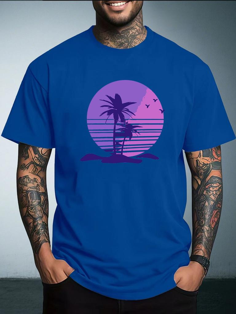 Unisex Summer White Short Sleeve Tee Retro Purple Sunset Palm Tree Beach Graphic Print Crew Neck Loose Male Casual Tops