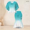 Women Plus Size Crew Neck Turquoise Gradient Palm Printed Batwing Sleeve Ruffle Hem Top Fishtail Skirt Two Piece Set