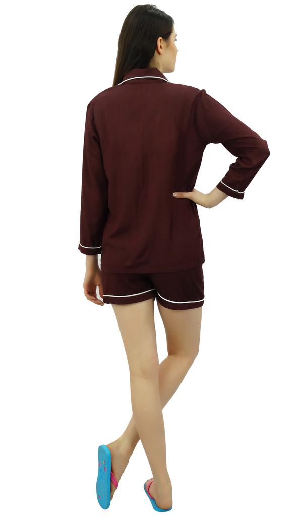 Bimba Button-Down Shirt With Elastic Waist Shorts 2 Pcs Full Sleeve Night Wear