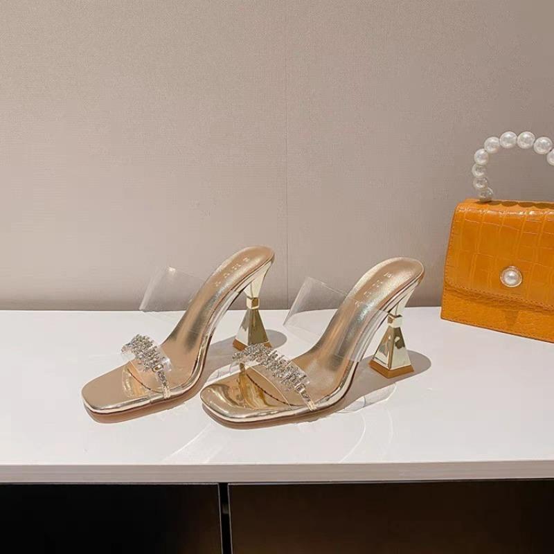 Fashion Transparent Crystal High Heels Sexy Rhinestone Sandals Thick with Fairy 2025 New Square Head Sandals To Wear Outside Hot