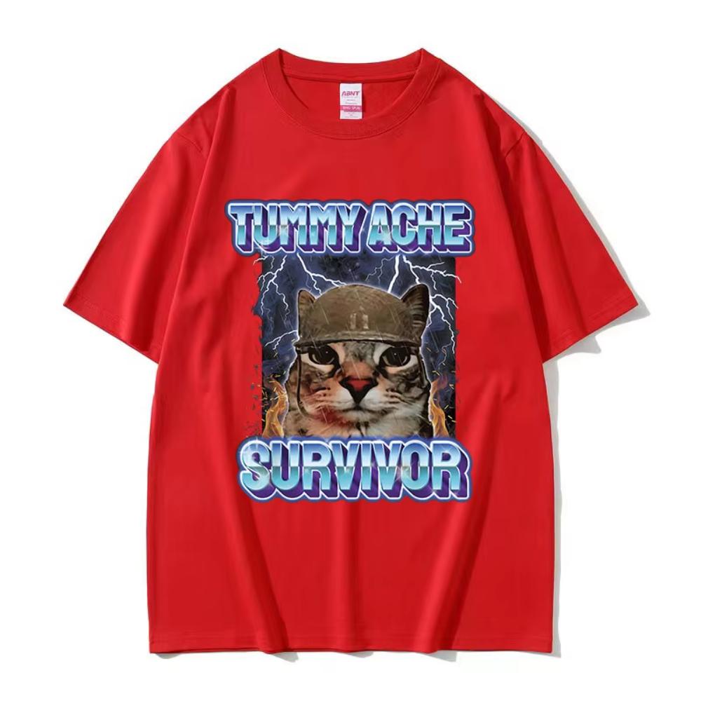 Limited Tummy Ache Survivor Funny Cat Meme T Shirt Unisex Women Vintage High Quality Fashion Tshirts Male Cotton Oversized Tshirt