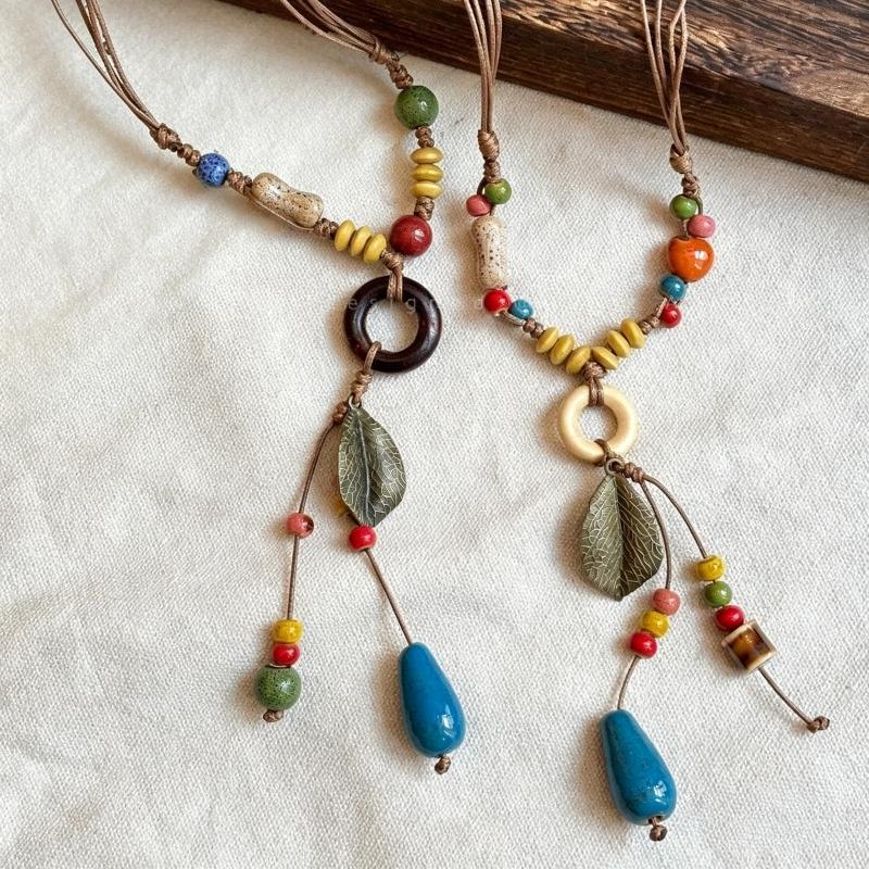 Chinese Style Ceramic Bead Pendant Necklace For Women Round Leaf Long Sweater Chain Necklace Aesthetic Jewelry Gift